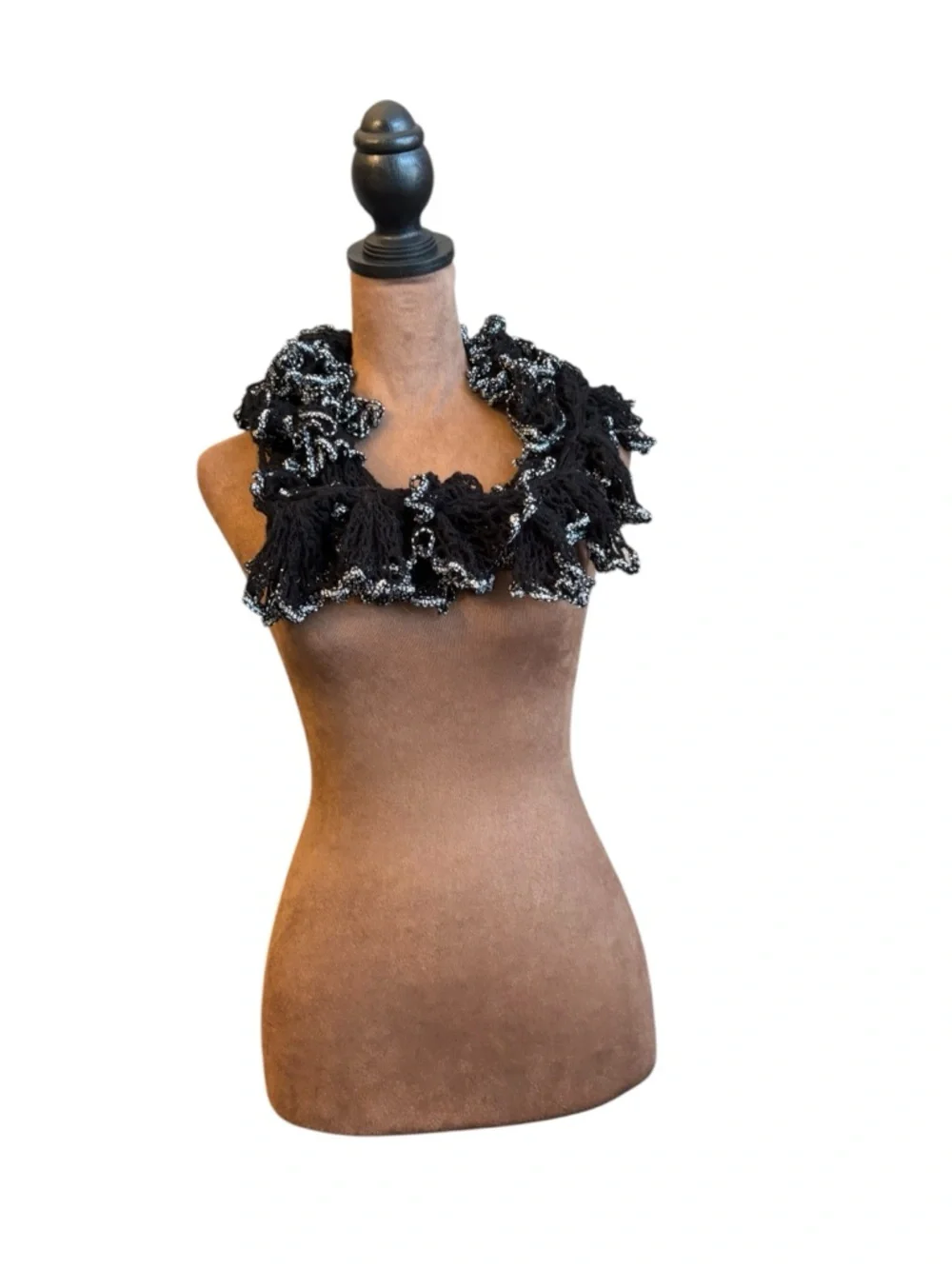 Black Silver Trim‎ Twisted Crochet Ruffled Scarf Long 66” Boho Boutique Preppy